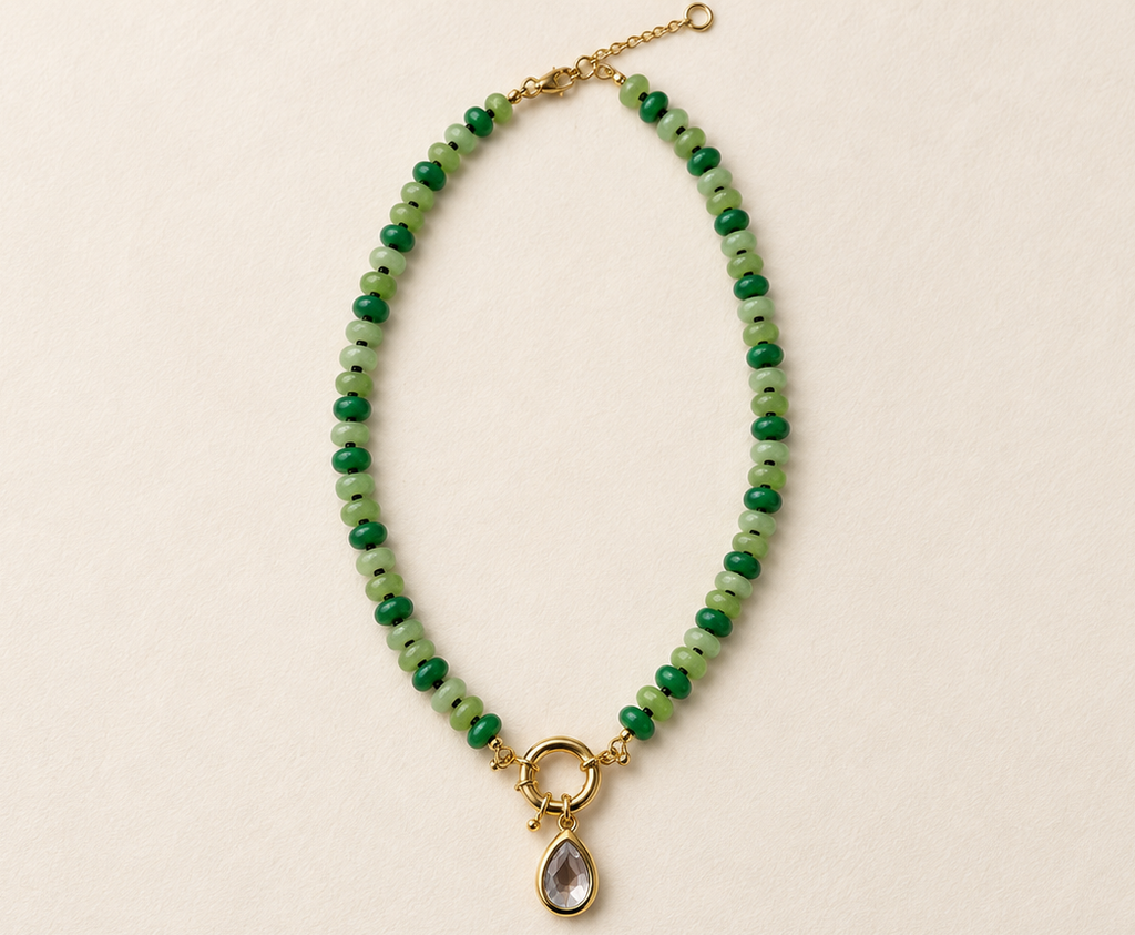 Clover Drop Necklace with green beads and gold teardrop charm