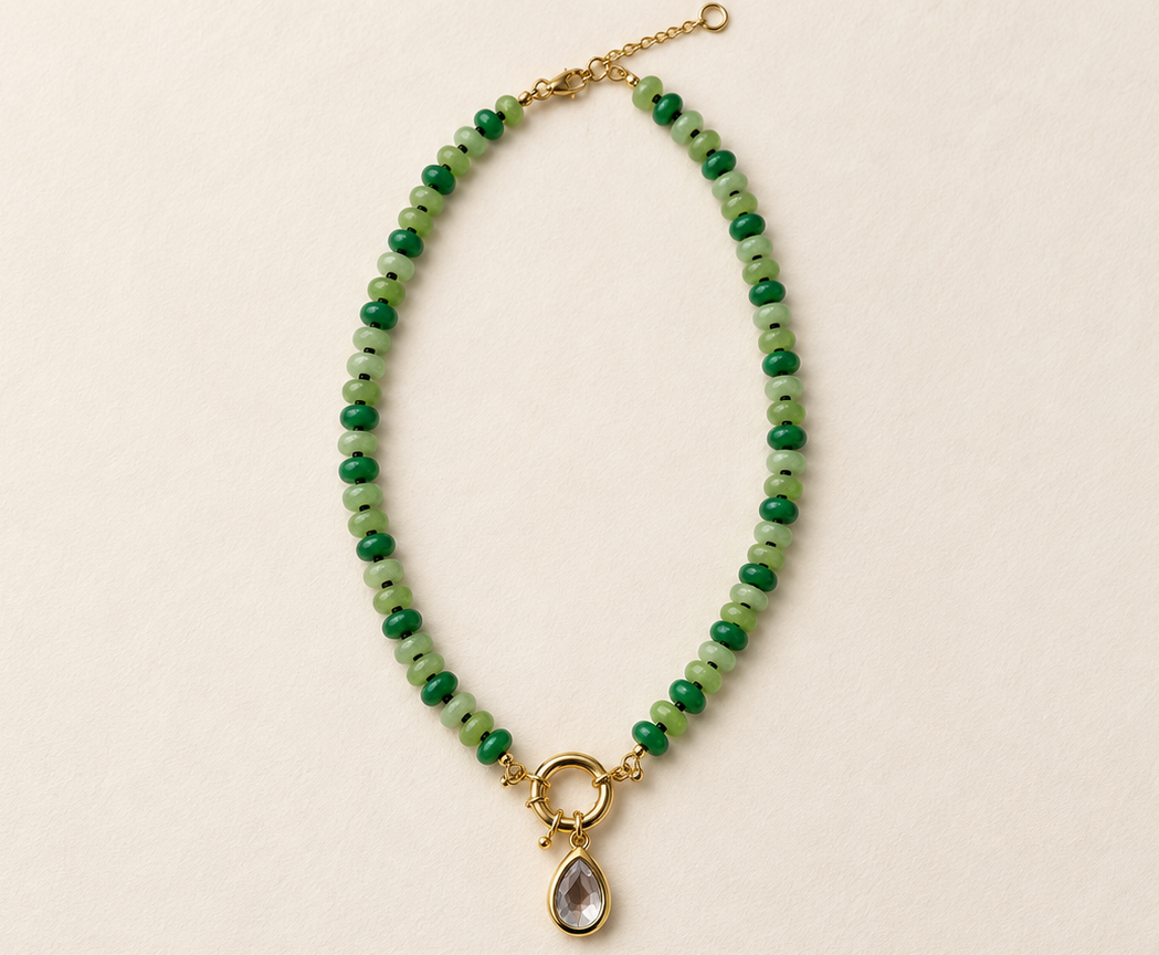 Clover Drop Necklace with green beads and gold teardrop charm