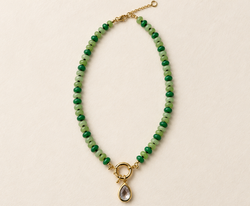 Clover Drop Necklace with green beads and gold teardrop charm
