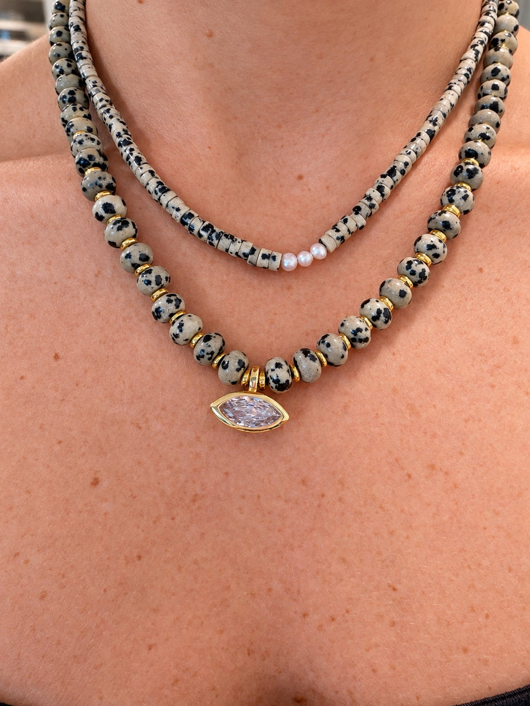 Dalmatian pearl necklace layered with the Dalmatian necklace
