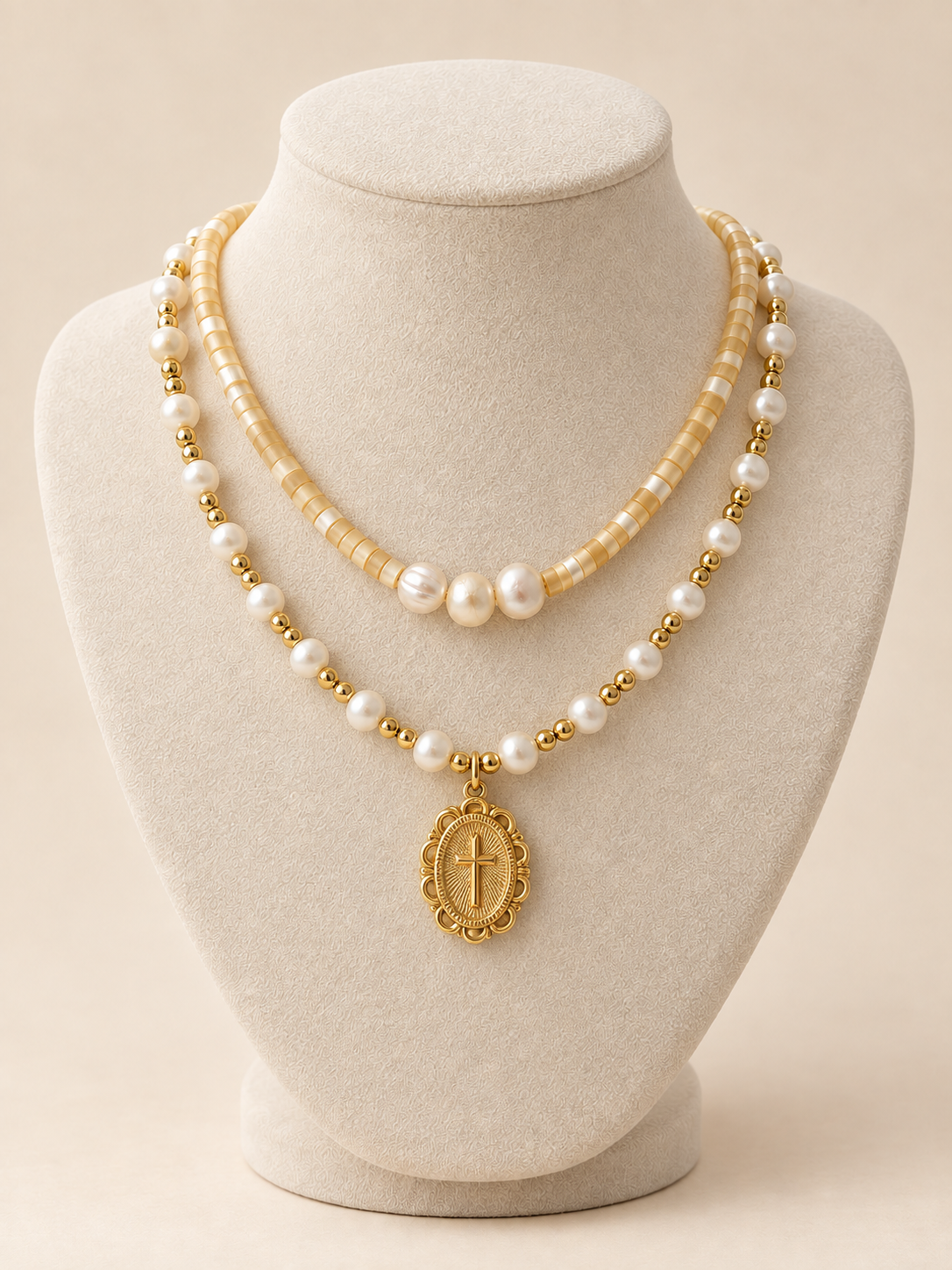 Golden Hour Pearl Necklace layered with the Grace Pearl Necklace