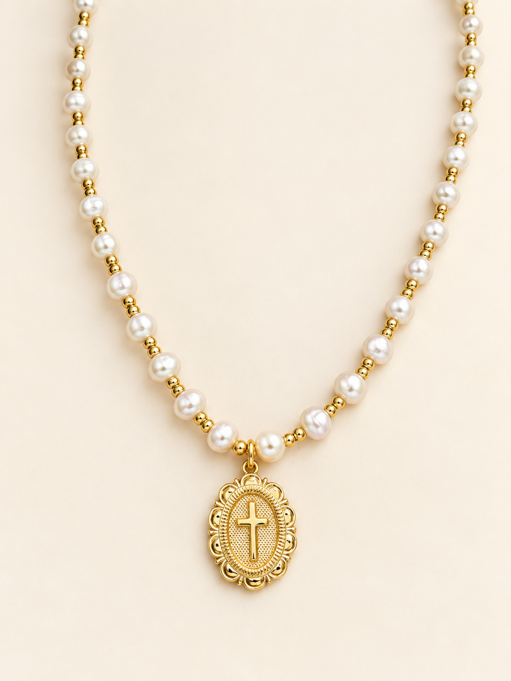 Grace Pearl Cross Necklace with white pearl-style beads and gold-tone cross pendant