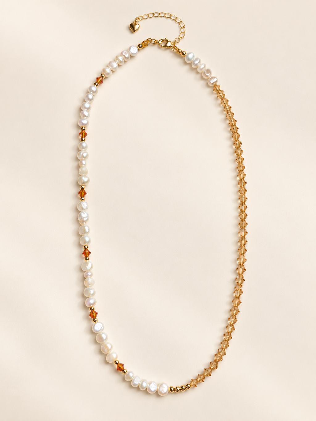 Honey Pearl Necklace laid flat showing its pearl and crystal design