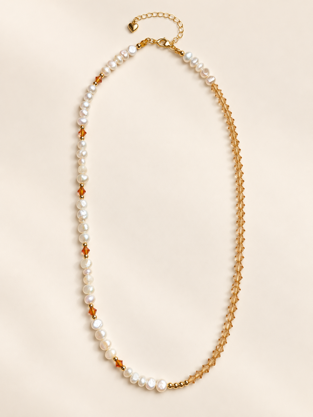 Honey Pearl Necklace laid flat showing its pearl and crystal design