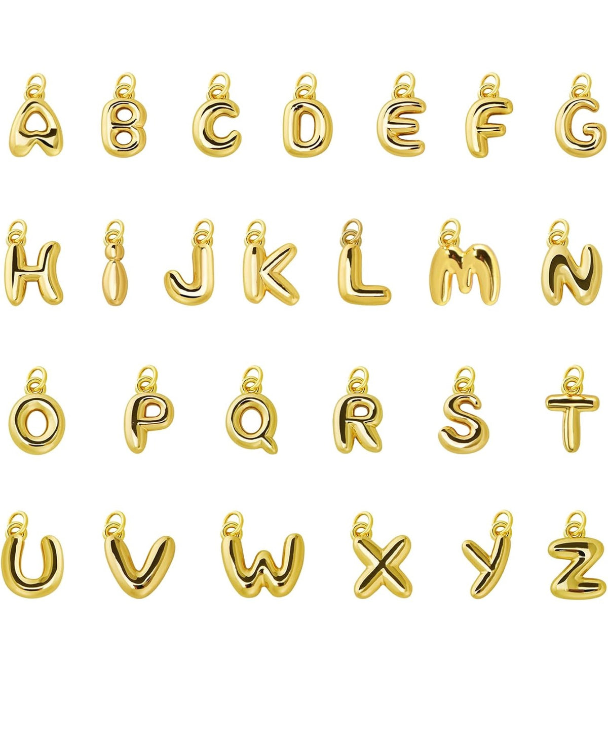 Gold-tone alphabet initial charms shown on a white background