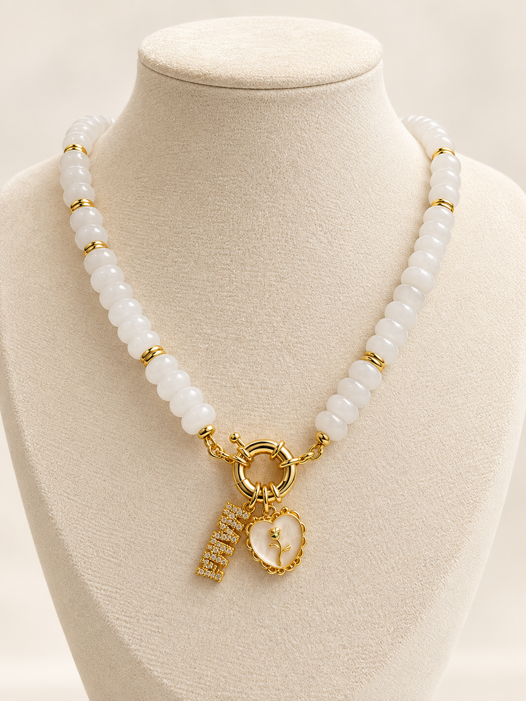 Ivory & Gold Beaded Necklace styled with charms; charms sold separately