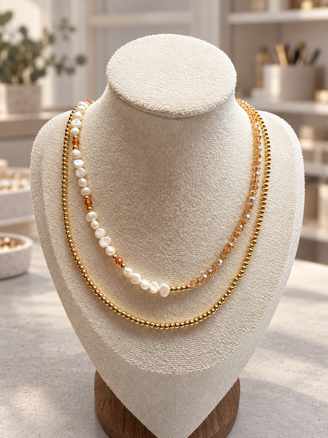 Layered necklaces showing the simple gold beaded necklace