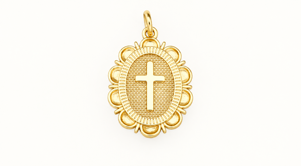 Single ornate gold-tone cross charm on off-white