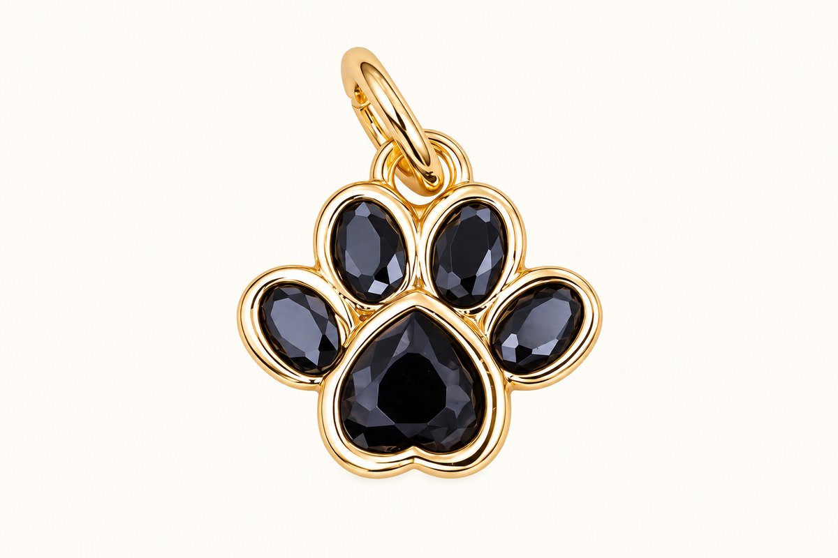 Single black and gold-tone paw print charm on off-white