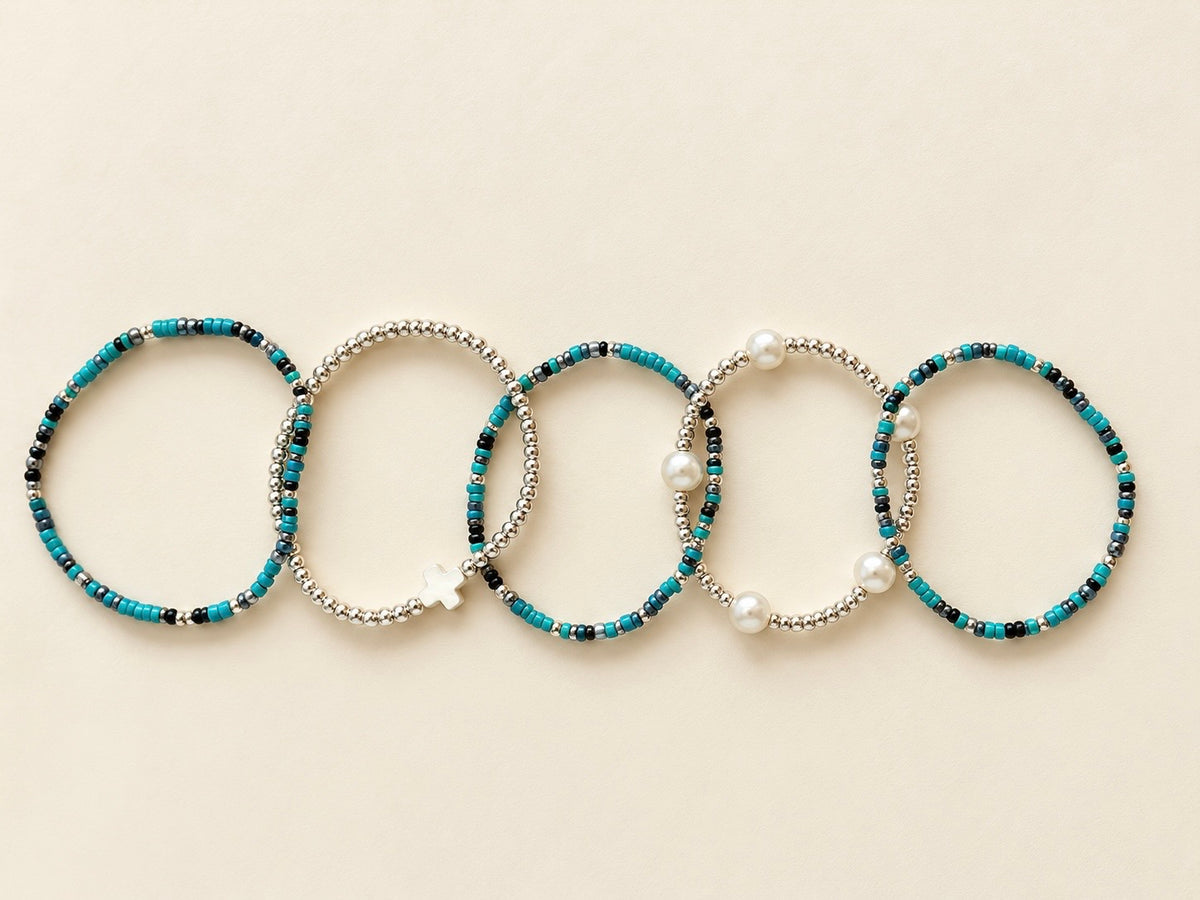 Turquoise and silver seed bead bracelet stack for custom color inspiration